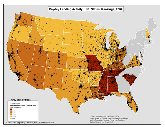 Map: The location of payday loan sites in the US